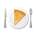 Slice of cheese pizza on the plate, fork, knife on white background.