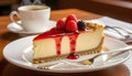 Delicious cheesecake topped with fresh berries and raspberry sauce served with coffee Royalty Free Stock Photo