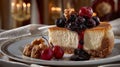 Slice of Cheesecake with Blueberry Compote, Walnut and Red Apple on White Plate background Royalty Free Stock Photo