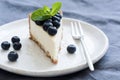 Slice of cheesecake with fresh blueberries and mint leaf on white plate Royalty Free Stock Photo