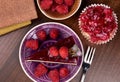Delicious creamy raspberry cake on the table top view stock images