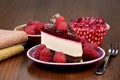 Delicious creamy raspberry cake on the table stock images