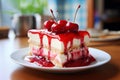 Slice of cheesecake topped with fresh cherries and cherry sauce on a white plate against a cozy kitchen backdrop