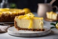 slice of cheesecake, topped with swirl of creamy and tangy lemon curd