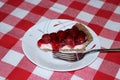 Slice of Cherry Cheesecake on Table with Red and White Checkered Tablecloth Royalty Free Stock Photo