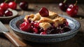 Delicious Homemade Cherry Pie Slice Topped with Fresh Cherry on Rustic Wooden Table Royalty Free Stock Photo