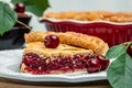 slice of cherry pie, Flaky Crust, piece on a plate and the whole homemade cherry pie, Long banner format. top view Royalty Free Stock Photo