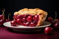 a slice of cherry pie on a plate with cherries