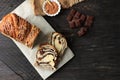 Slice Chocolate Babka or Brioche Bread. Homemade Sweet Yeast Pastry