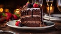 A slice chocolate cake adorned with luscious ganache, fresh berries, and a dusting of cocoa powder. Generative AI