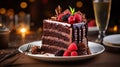 A slice chocolate cake adorned with luscious ganache, fresh berries, and a dusting of cocoa powder. Generative AI