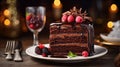 A slice chocolate cake adorned with luscious ganache, fresh berries, and a dusting of cocoa powder. Generative AI