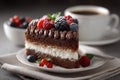 Decadent Chocolate Cake Slice with Fresh Berries and Coffee Royalty Free Stock Photo