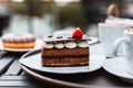 Slice of chocolate cake, Cutlery steak basket and donot with coffee on the table