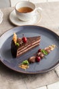 Slice of chocolate cake with fresh cherries on a plate and cup of tea on the table Royalty Free Stock Photo