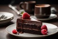 slice of chocolate cake with fresh raspberries inside a white plate on a wooden table - rich autumn dessert Royalty Free Stock Photo