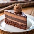 Chocolate Layer Cake Slice with a Single Truffle on a White Plate and Wooden Surface chocolate cake Royalty Free Stock Photo