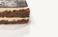 Slice of chocolate cake opera cake with copy space