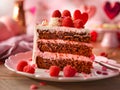 A slice of chocolate cake with raspberries on a plate Royalty Free Stock Photo