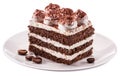 Slice of chocolate cake with tiramisu cream and cocoa powder on white plate isolated on white background Royalty Free Stock Photo