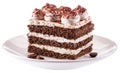 Slice of chocolate cake with tiramisu cream and cocoa powder on white plate isolated on white background Royalty Free Stock Photo