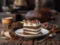 Slice of chocolate cake with tiramisu cream and cocoa powder on wooden table