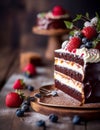 A slice of chocolate cake topped with fresh berries and a dollop of cream