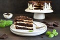 Slice of chocolate cake. Chocolate truffle cake with cream cheese on a dark background Royalty Free Stock Photo