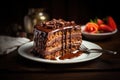 Slice of chocolate layered birthday cake . Chocolate frosting dessert. AI Generated