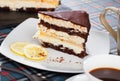 Slice of chocolate lemon cake on white plate