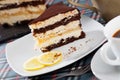 Slice of chocolate lemon cake on white plate