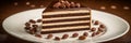 Slice of Chocolate Pecan Cake Decorated with Ganache and Pecan Halves on a White Plate Royalty Free Stock Photo