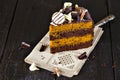 Slice of chocolate and toffee layer cake Royalty Free Stock Photo