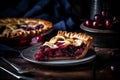 Slice of classic cherry pie with buttery crust and sweet cherry filling. AI generated