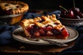 Slice of classic cherry pie with buttery crust and sweet cherry filling. AI generated