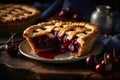 Slice of classic cherry pie with buttery crust and sweet cherry filling. AI generated