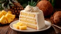 Slice of Coconut Pineapple Cake on White Plate with Pineapple Chunks, Tropical Background Royalty Free Stock Photo