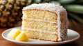 Slice of Coconut Rum Cake on White Plate with Pineapple Chunks and Tropical Background Royalty Free Stock Photo