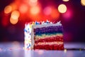 Slice of colorful layered cake with sugar sprinkles. Generative AI