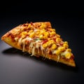 a slice of a corn pizza on black background generative AI Royalty Free Stock Photo