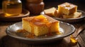 Golden Cornbread Delight with Drizzled Honey on a Rustic Wooden Table Royalty Free Stock Photo
