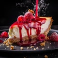 slice of creamy cheesecake, with a buttery graham cracker crust and a drizzle of raspberry sauce by AI generated