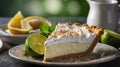 Delicious Key Lime Pie Slice with Creamy Topping and Citrus Fruit Garnishes Royalty Free Stock Photo