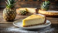 A slice of creamy pineapple cheesecake, dusted with powdered sugar, rests on a plate, accompanied by whole pineapples and Royalty Free Stock Photo