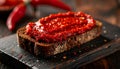 Slice of dark rye bread topped with red pepper spread on black cutting board Royalty Free Stock Photo