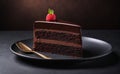 A slice of decadent chocolate cake with chocolate ganache