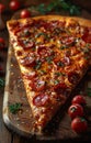 Slice of delicious cheesy pepperoni pizza on cutting board served on rustic wooden table Royalty Free Stock Photo