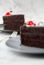 A slice of delicious chocolate cake with cherry on top on marble background. Piece of Cake on a Plate. Sweet food. Sweet dessert. Royalty Free Stock Photo