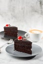 A slice of delicious chocolate cake with cherry on top on marble background. Piece of Cake on a Plate. Sweet food. Sweet dessert. Royalty Free Stock Photo