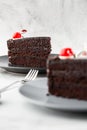 A slice of delicious chocolate cake with cherry on top on marble background. Piece of Cake on a Plate. Sweet food. Sweet dessert. Royalty Free Stock Photo
